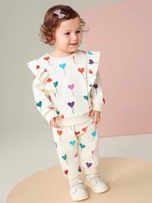 SHEIN Comfortable Baby/Baby Girl Cute Colorful Heart Print Embroidered Detail Top And Pants Set - Apricot - View 4