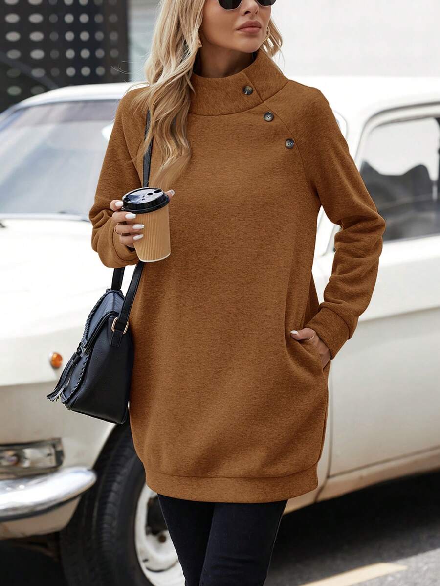 SHEIN LUNE Áo nỉ chui đầu ấm áp thoải mái giản dị cho nữ mùa thu đông cổ hở nút trang trí vải lót nhiệt có túi ở cả hai bên - Rỉ Nâu - Xem 1
