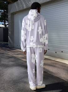 Manfinity VCAY 2pcs Men Casual Floral Print Hooded Sweatshirt & Elastic Waist Straight Leg Pants Set