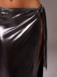 MUSERA Side Split Sexy Metallic Maxi Skirt Party Birthday Elegant Summer Sexy - Dark Grey - View 5