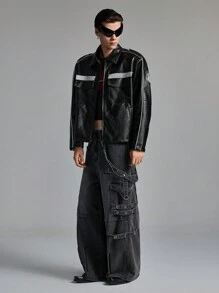 NEON BLANC Men's Oversized Black Woven Leather Long Sleeve Letter Zip Jacket, For Fall Winter, Outdoor, Spring - Black - View 1