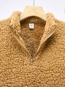 SHEIN 2pcs Teen Boys' Casual Autumn/Winter Furry Warm Khaki Collar Jacket And Elastic Waist Sweatpants Set, Thick Warm Boys' Clothing - Khaki - View 3