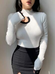 DAZY Women Contrast Color Splicing Hollow Out Turtleneck Pullover Sweater,Fall Clothes