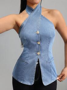 K-Vae Women Sexy Bodycon Halter Denim Top, Blue
