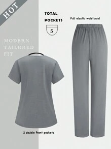Scrubzie Solid Color V-Neck Short Sleeve Top With Pockets And Elastic Waist Pants Scrub Uniform Set