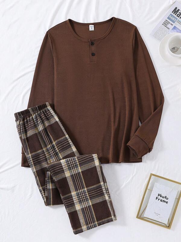 SHEIN 2pcs Set Teenage Boys' Rib Knit Long Sleeve Top And Classic Plaid Pants, Casual And Comfortable Loungewear