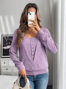 SHEIN LUNE Square Neck Button Front Tee
