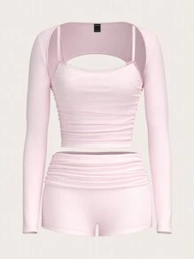 Sweetina 3 件套 Y2k 细肩带 Y2k 长袖短款上衣和低腰短裤修身粉色冬季套装 - 粉色 - 查看 1