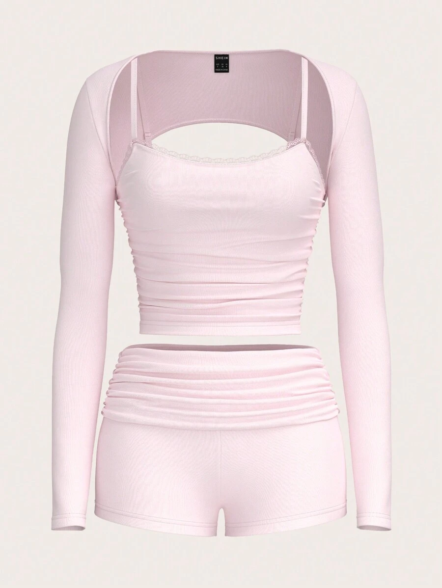 Sweetina 3 件套 Y2k 细肩带 Y2k 长袖短款上衣和低腰短裤修身粉色冬季套装 - 粉色 - 查看 1