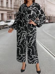 EMERY ROSE Plus Size Front Button Closure Full Print Elegant Jumpsuit,Winter Clothes For Women - Black and White - View 3
