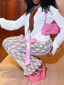 Quần legging xuyên thấu họa tiết bướm thêu ren phong cách Y2K dành cho nữ - trắng - Xem 6