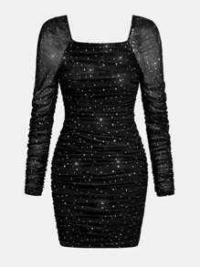 Girlism Teen Girls' Elegant Pearl Beaded Square Neck Ruched Party Dress