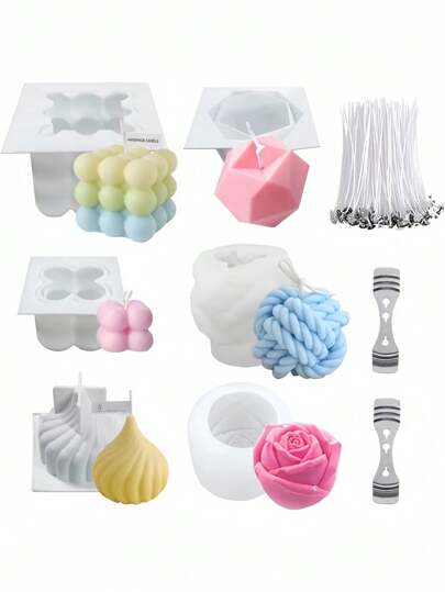 Set de 108 piezas para hacer velas - 6 moldes 3D + 100 mechas y 2 clips para mechas para hacer velas DIY, decoración del hogar y decoraciones festivas