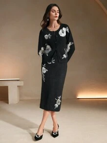 Anewsta 1pc Elegant Embroidered Beaded H-Type Sweater Skirt - Black - View 6