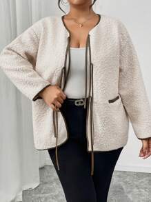 SHEIN Frenchy Chaqueta casual holgada con parches de unicolor PU de talla grande con bolsillos para invierno