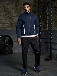 Manfinity Fitness 1 Set Boyfriend Style Men Color-Block Zipper Front Long Sleeve Shirt And Pants Racing Suit, Minimalist Style