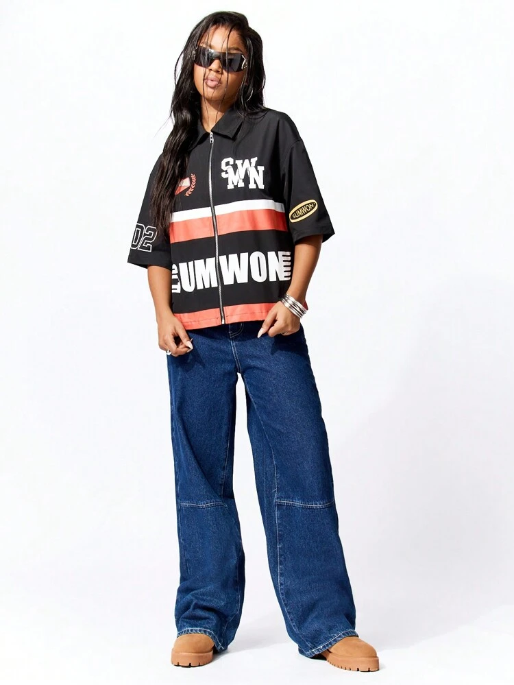 SUMWON WOMEN Koszulka Punk Boxy Zip Through Graphic