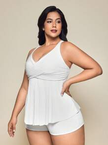 SHEIN Swim Curve 大码 V 领休闲纯色背心款式比基尼上衣夏季 - 白色 - 查看 6
