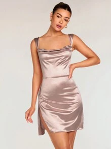 Glamine Elegant Solid Color V-Neck Split Hem Ruched Mini Dress