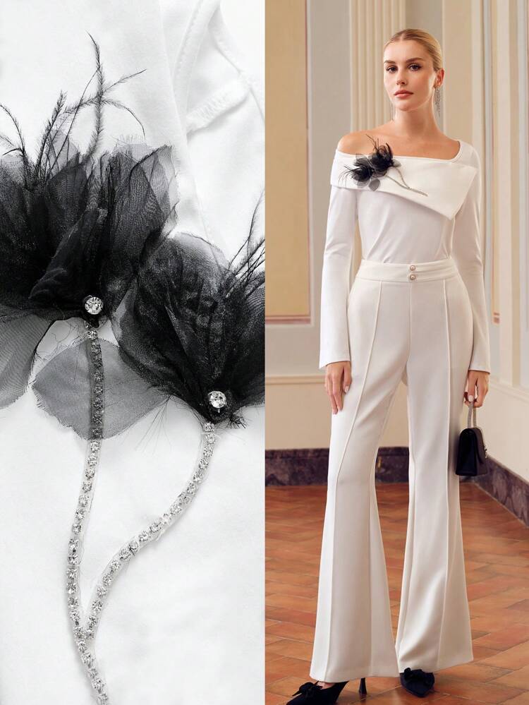 ZEYLAH FOLDOVER ASYMMETRICAL NECK MESH APPLIQUES DETAIL BELL SLEEVE SLIM FIT TOP