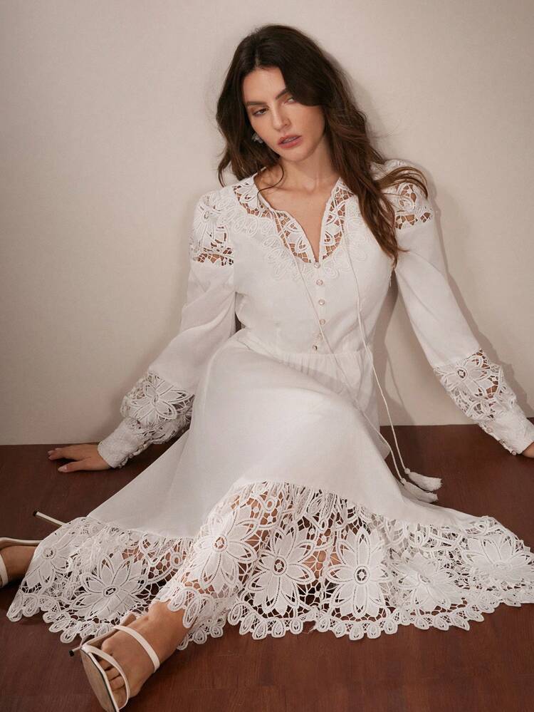 Elegant Lace Embroidered Midi Dress, Suitable For Spring/Autumn Maxi Women Outfit