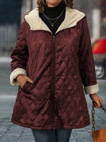 SHEIN LUNE Plus Size Zip Front Quilted Chuck On Liner Long Sleeve Minimalist Hooded Borg Fleece Mid Length Jacket For Winter Clothes Casual Daily Wear For New Year Clothes - Red - View 4