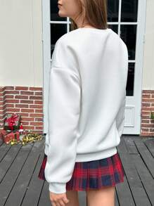 Jouncy Sudadera holgada de mujer casual con estampado de letra bordada navideña y hombros caídos