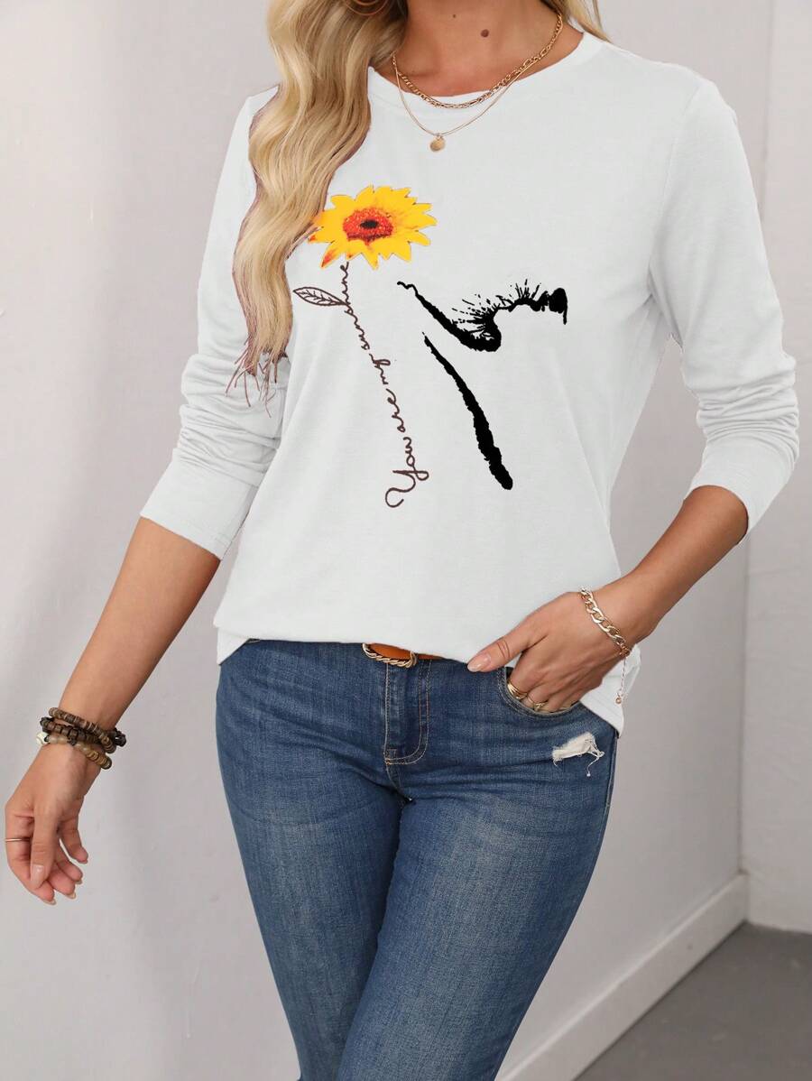 EMERY ROSE Camiseta de manga larga informal con estampado de flores y letras, otoño