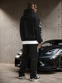 Manfinity VCAY Men's Loose Print English Letter Pattern Long Sleeve Knit Sweatshirt Set, For Fall Winter - Black - View 3