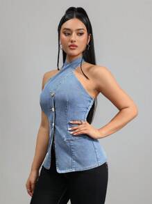 K-Vae Women Sexy Bodycon Halter Denim Top, Blue