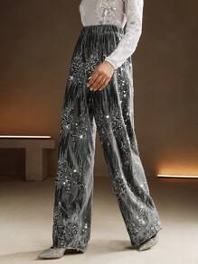 Anewsta New Design Embroidered Sequins Plush Fabric Wide Leg Palazzo Pants For Ladies For Holiday Party Clothes