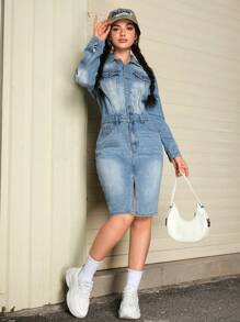 SHEIN EZwear Đầm denim ngắn đơn giản, giản dị, tay dài, túi nút phía trước dành cho nữ - Rửa trung bình - Xem 3