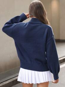 Flirla Áo len cổ cao nữ mùa đông với họa tiết nơ dễ thương, áo len chui đầu mùa thu. - Màu xanh hải quân - Xem 4