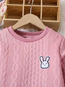 SHEIN 2pcs/Set Young Girl Crew Neck Cable Knit Rabbit Pattern Long Sleeve Top & Long Pants Pajama Sets, Warm For Autumn/Winter - Dusty Pink - View 3