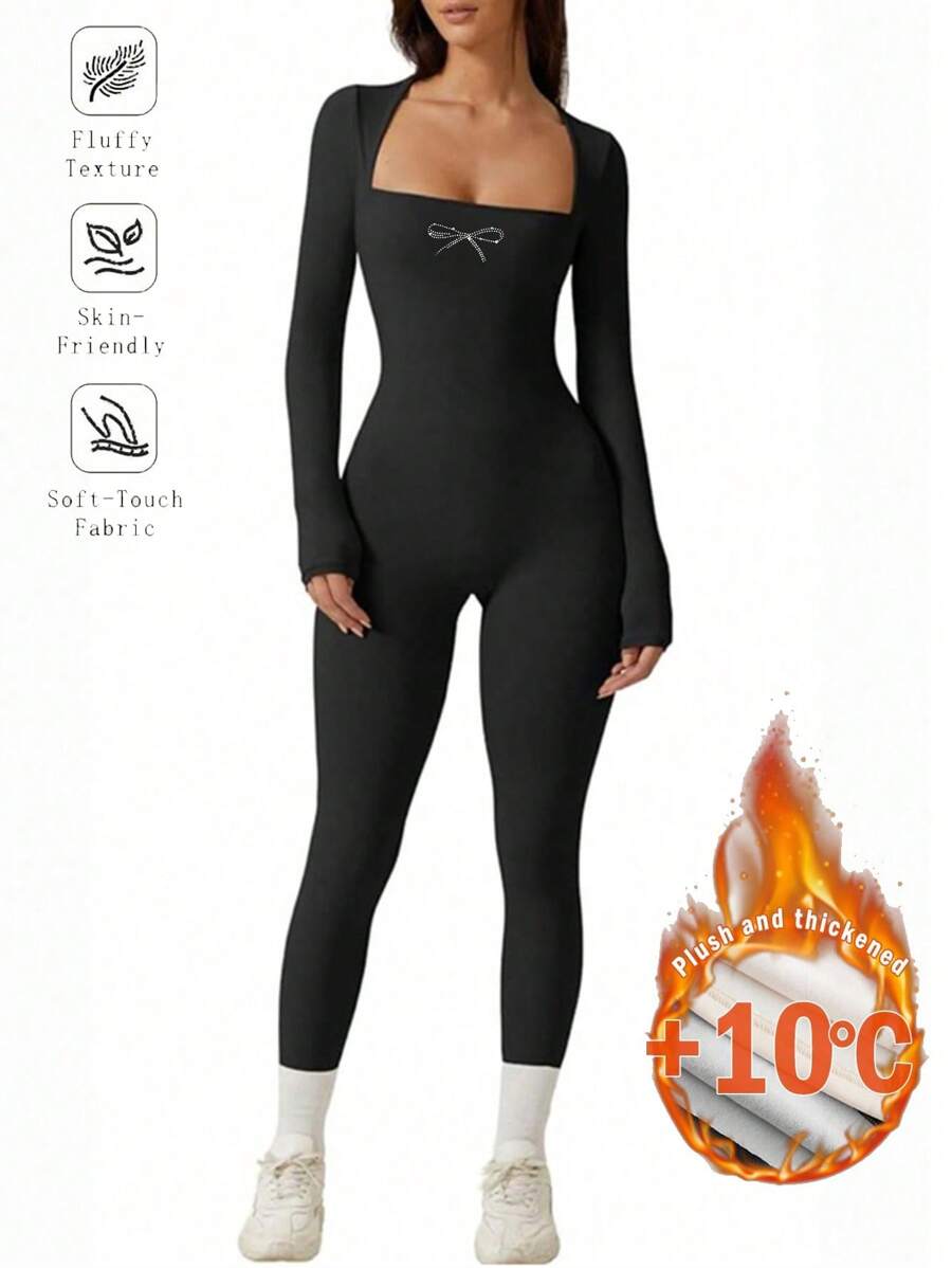 SHEIN Essnce 1 件女式黑色方领休闲紧身保暖内衬厚保暖长袖全长连体裤，适合秋冬季 - 黑色 - 查看 1