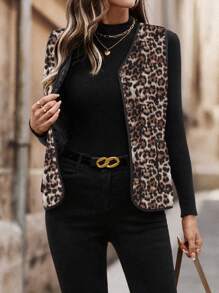 SHEIN LUNE 豹纹无袖夹棉加厚外套女士冬季服装 - 杏色 - 查看 6