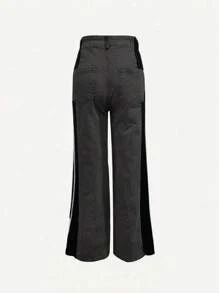 女士时尚条纹拼接阔腿裤，新款休闲高腰弹力直筒长裤