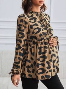 SHEIN Maternity Black Floral Pattern Frill Trim Drawstring Long Sleeve Maxi Shirt For Pregnant Women - Brown - View 3