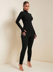 SHEIN SXY 2 件套简约风格女式立领长袖上衣和裤子套装 - 黑色 - 查看 4