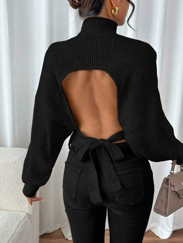SHEIN Frenchy Women Backless Tied-Back Stand Collar Sweater