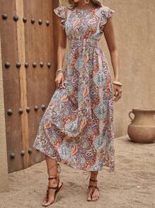 SHEIN LUNE Paisley Print Ruffle Trim Split Thigh Dress