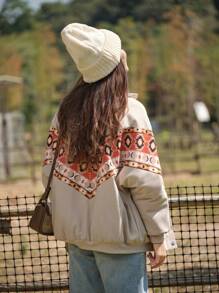 LanaWest 女士休闲拼布几何印花夹棉外套，秋冬装 - 杏色 - 查看 3