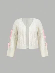 SHEIN MOD 大码女式粗针织蝴蝶结长袖披肩白色针织毛衣冬季服装 - 米色 - 查看 1
