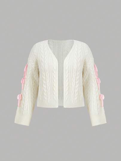 SHEIN MOD 大码女式粗针织蝴蝶结长袖披肩白色针织毛衣冬季服装