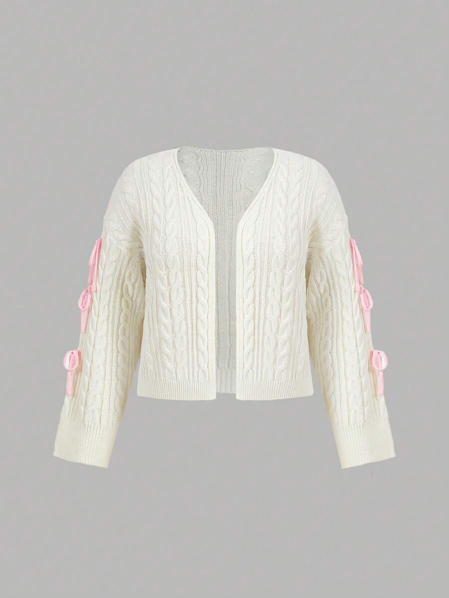 SHEIN MOD 大码女式粗针织蝴蝶结长袖披肩白色针织毛衣冬季服装 - 米色 - 查看 1