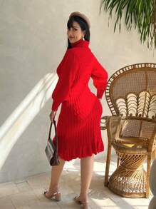 SHEIN Clasi Gaun Sweater Ukuran Besar Bergaya dengan Leher Tinggi, Lengan Lentera, dan Hem Berkerut, Cocok untuk Pakaian Tahun Baru dan Musim Dingin. - Merah - View 2