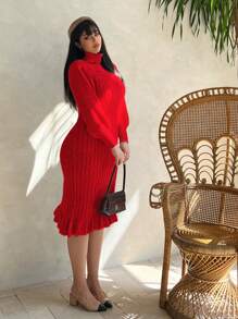 SHEIN Clasi Gaun Sweater Ukuran Besar Bergaya dengan Leher Tinggi, Lengan Lentera, dan Hem Berkerut, Cocok untuk Pakaian Tahun Baru dan Musim Dingin. - Merah - View 7