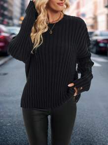 SHEIN LUNE 1pc Women Solid Color Loose Ribbed Comfortable Pullover SweaterKnit PulloverFall Winter Outfit
