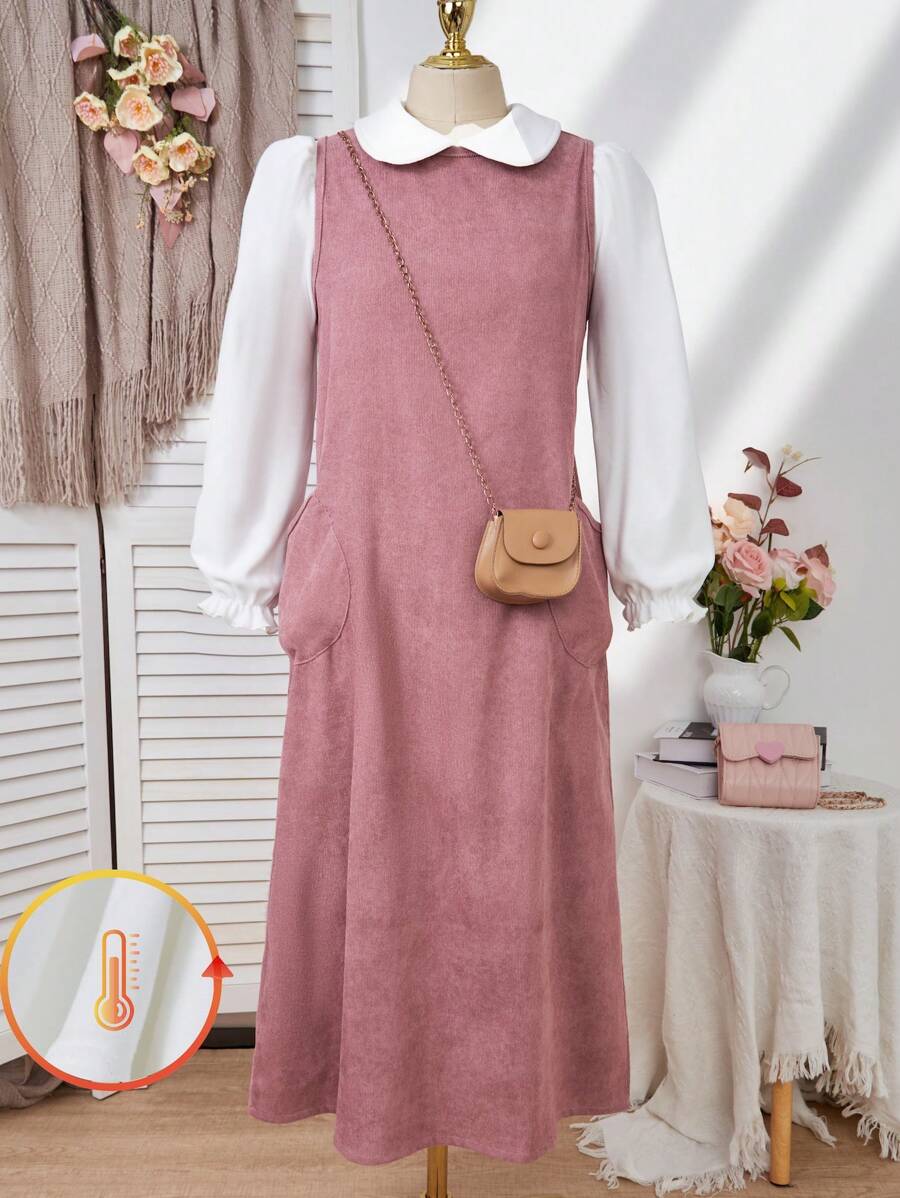 2pcs/Set Tween Girl Plain Long Sleeve Top & Pocket Decor Casual Dress - Dusty Pink - View 1