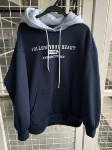 DAZY Loose Fit Fleece Contrast Color Panel Letter Print Hoodie For Women,Long Sleeve Tops,Fall Clothes Sweatshirt,Winter - Navy Blue - View 7